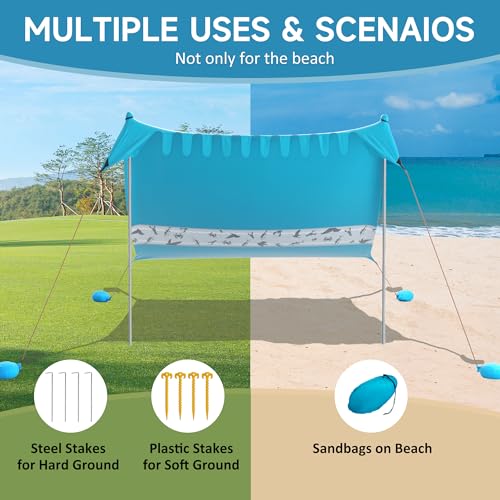 VILLEY Beach Tent Sun Shelter with UPF50+ Protection for 5 Person, 8x7FT Portable Sun Shade with 2 Stability Poles and 4 S...