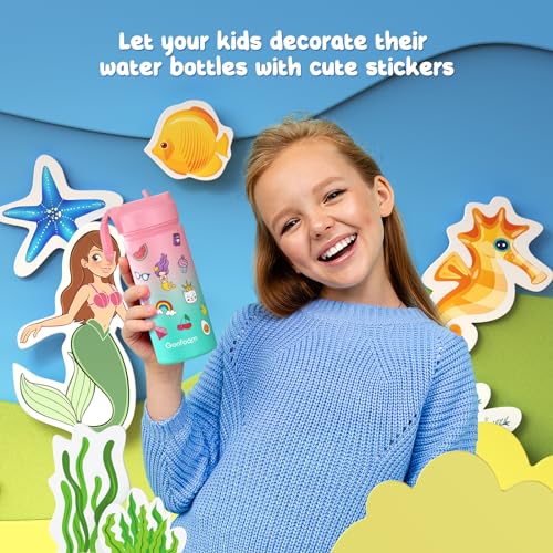 Kids Water Bottle, 2-Pack 16oz Kids Water Bottle with Stickers for School, insulated Stainless Steel Straw Cup(Pink+Blue)