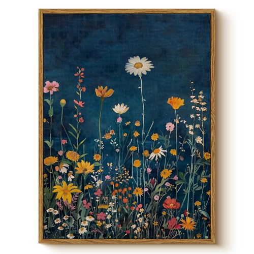 WHASAYART Botanical Floral Canvas Print 12x16 Framed Wildflower Wall Art, Rustic Dark Blue Colorful Flower Artwork, Vibran...