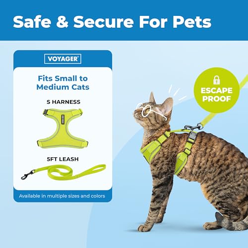 Voyager Escape-Proof Step-in Lock Cat Harness & 5ft Neoprene-Handle Leash Set All-Weather Mesh with Reflective Stitching f...