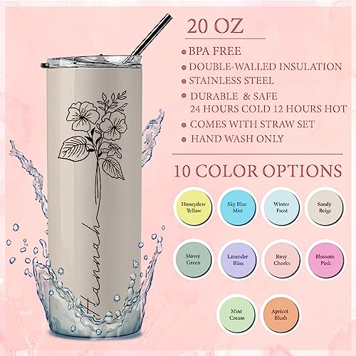 Birthday Gifts for Women, Personalized Tumblers with Birth Flower and Name, 10 Colors - 20 Oz, Skinny Tumblers for Women