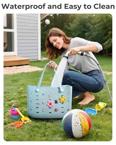 BAGSMART Beach Bag for Women, Water-resistant Rubber Tote Bag, Sandproof Vacation Essentials for Summer Swim Cruise Pool