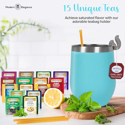 Birthday Gift Set with Stainless Tumbler, 15 Assorted Teas, 10 Honey Straws, Tea Tongs, Scented Candle and Greeting Card i...