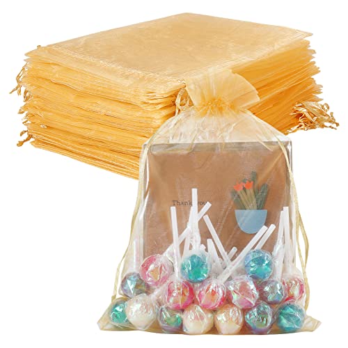 HRX Package 100pcs Gold Organza Bags 6x9 inch, Mesh Gift Pouches Drawstring Empty Sachet for Christmas Candy Present Party...