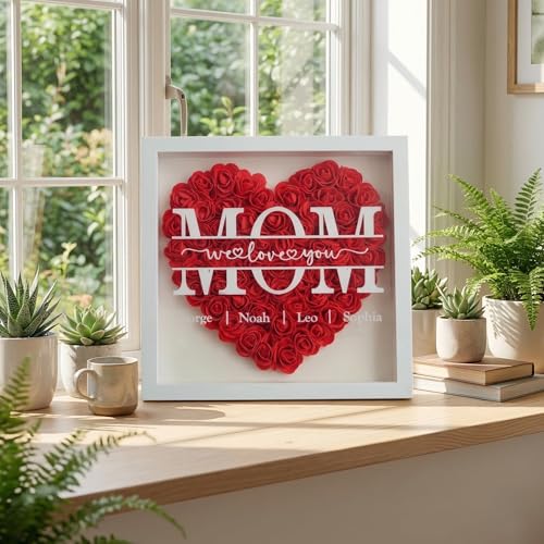 CUSTNEY Mom Flower Shadow Box with LED Light Personalized Light Up Flower Shadow Box Frame with Kid's Name for MOM Grandma...