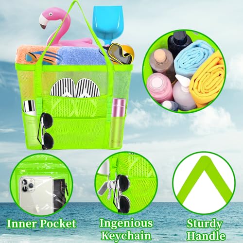 Yunaeduo Large Mesh Beach Bag - Lightweight & Foldable Family Beach Bag with 9 Pockets for Toys, Towels & Vacation Essentials