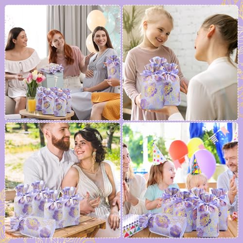 Pasimy 50 Pcs Purple Rose Gift Bag with Drawstring Purple Flowers Party Favor Bags Floral Plastic Candy Goodies Gift Packa...