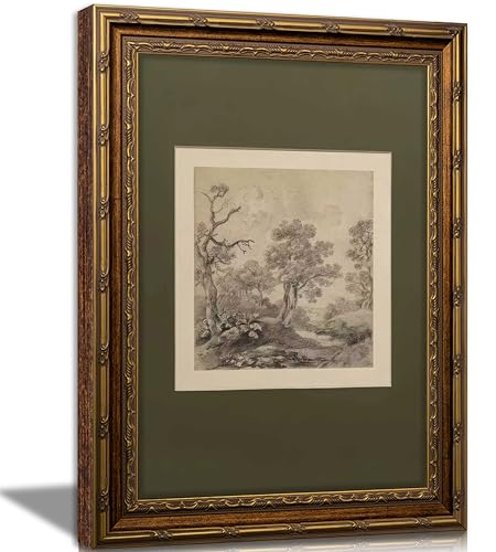 Vintage Gold Framed Wall Art Tree Forest Landscape Painting Canvas Prints Green Gray Tree Natural Sketch Picture Rustic Fa...