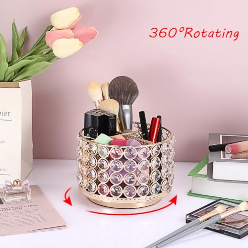 Hipiwe Crystal Vanity Organizer 360 Rotating Makeup Brush Holder Spinning Cosmetic Brushes Display Holder Gold Vanity Stor...