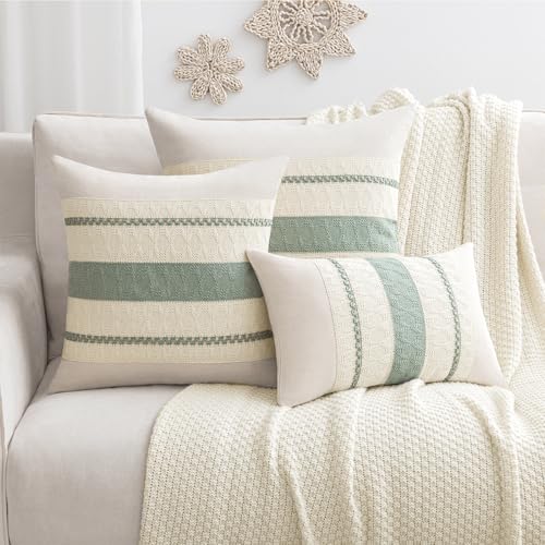 Laolitou Set of 2 Boho Throw Lumbar Pillow Covers 20×12, Rustic Farmhouse Cotton Linen Soft Sage Green Decorative Pillow C...