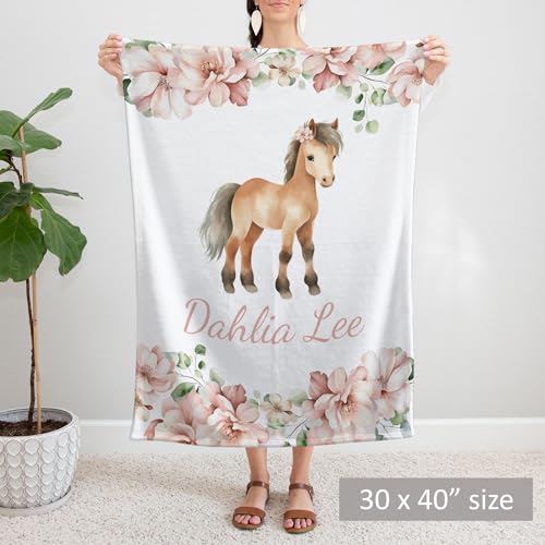 Lovable Gift Co Pony Floral Personalized Baby Girl Blanket (30 x 40 Baby)