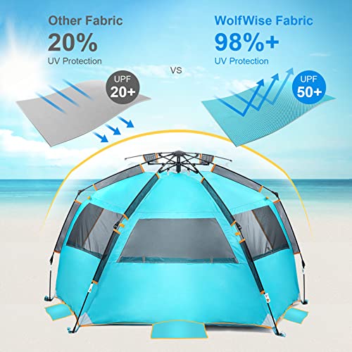WolfWise 3-4 Person Beach Tent with UPF 50+ Sun Protection, Portable Ventilated Beach Shade Canopy with Extended Porch, Ea...
