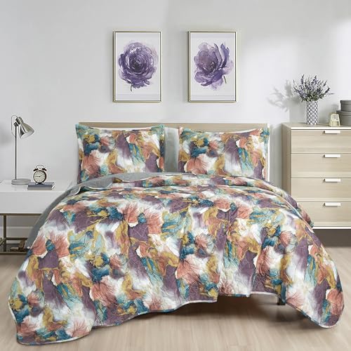 Chezmoi Collection Passion 3-Piece Floral Quilt Set Queen - Multicolor Purple Red Blue White Gray Yellow Waterbrush Printe...
