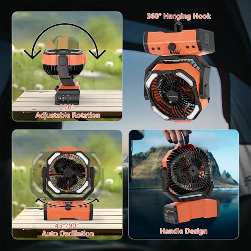 Easywave Camping Fan with LED Lantern: 30000mAh Rechargeable Battery Powered Outdoor Tent, Oscillating Fan with 360° Hangi...