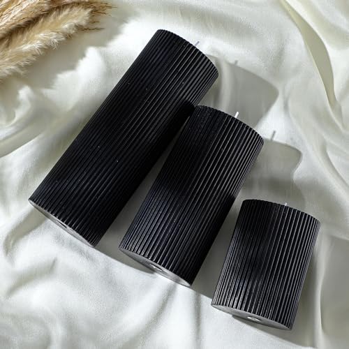 Conelist Ribbed Pillar Candles Set of 3, Width 3" High 4" 6" 8" Large Soy Wax Orchids Scented Pillar Candles Aesthetic Rib...