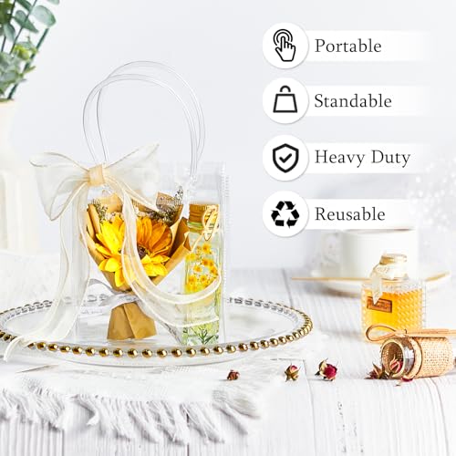 Ohuimrt 50 PCS Clear Plastic Gift Bags with Handles, 5.9 x 4.92 x 2.75 Inches Reusable Party Favor Bags with Ribbon Transp...