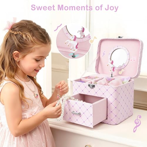 Basumee Musical Jewelry Box for Girls PU Leather Music Box with Drawer Large Kids Jewelry Organizer with Unicorn/Ballerina...