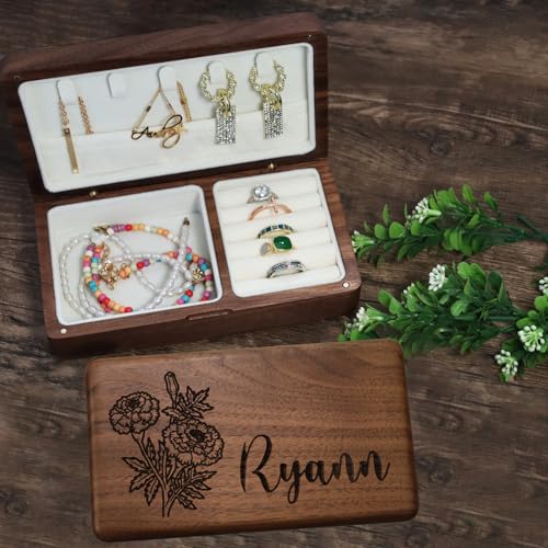 EIFLR Same-Day Shipping, Custom Wooden Jewelry Box Personalized Jewelry Organizer Travel Case With Name and Birth Flower f...