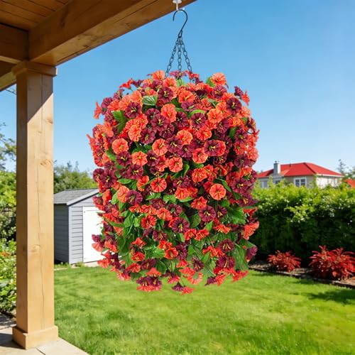 INXUGAO Artificial Flowers with Hanging Basket, Outdoor Faux Plants Silk Morning Glory Vines, Fake Green Arrangement for G...