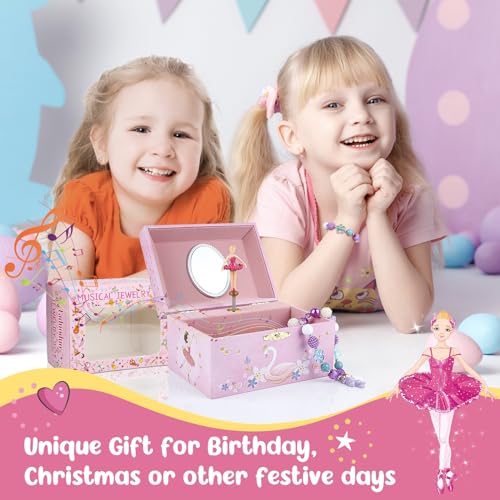 Taduoduo Girls' Musical Jewelry Box Organizer with Jewelry Set - glittering pink Spinning Ballerina Theme, Swan Lake Tune...