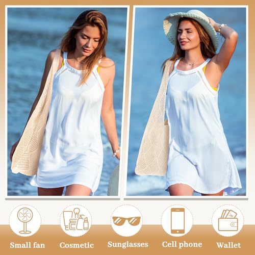 Aliceset 2 Pack Crochet Mesh Beach Tote Bag with Letter Patch Pocket Summer Beach Tote Bohemian Straw Transparent Bag