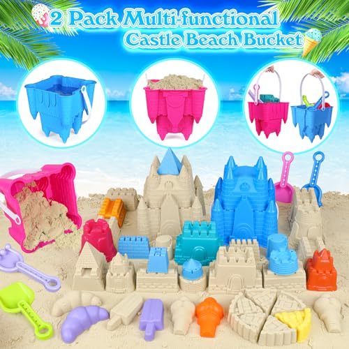 FUSPWEAO Beach Toys Sand Toys for Kids, Sand Castle Toys for Beach with 2 Castle Bucket and Mesh Bag, Sand Molds, Shovels ...