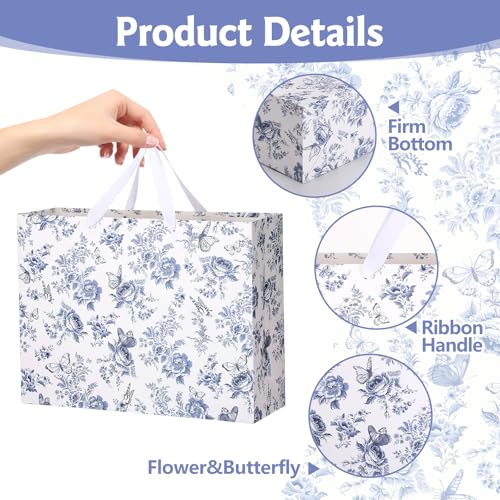woric 14.5" Large Bridal Shower Gift Bag, Blue Floral Wedding Gift Bag with Greeting Card and Tissue Paper for Women Weddi...