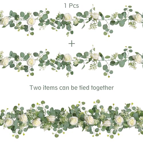TOCHGREEN 4Pcs(26 Ft) Artificial Eucalyptus & White Rose Flower Garland, Faux Rose Vine & Gypsophila Greenery for Party & ...