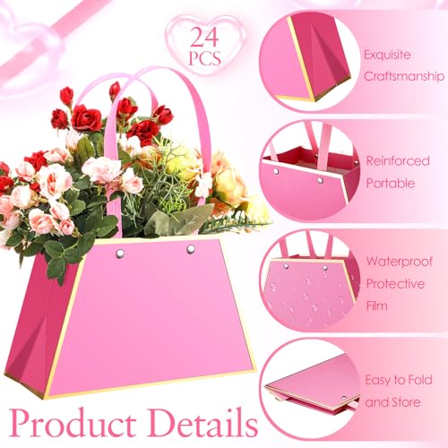 Noveread 24 Pcs Mother's Day Floral Gift Bags Bulk Portable Flower Bouquet Wrapping Paper Bag with Handle Waterproof Flori...