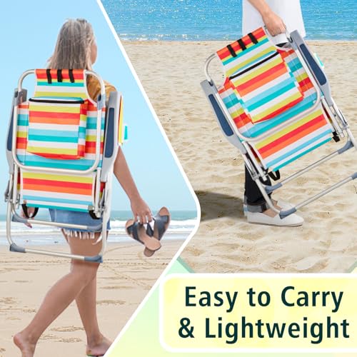 NAICKUC Folding Low Backpack Beach Chairs for Adults, 5-Positions Adjustable Portable Recliner, Aluminum Frame, Includes H...