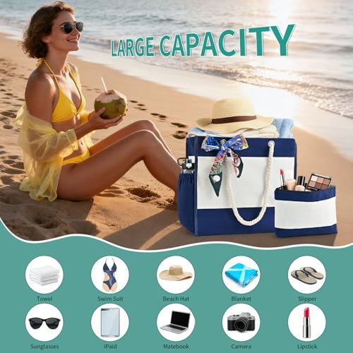 TAOZIM Beach Tote with Cosmetic Bag, Waterproof Canvas Beach Bag w/Ribbon Personalized for Women Birthday Travel Essential