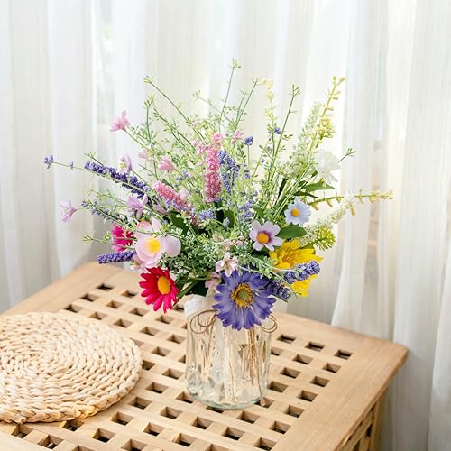 LUEUR Artificial Daisy Flowers Fake Silk Spring Colorful Flowers Fake Wildflowers Greenery Shrubs Plastic Plants Arrangeme...