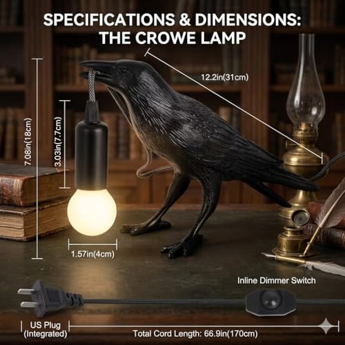 OVANUS Crow Lamp Gothic Decor, Raven Table Lamp with Adjustable Brightness, Dark Academia Aesthetic Night Light for Bedroo...