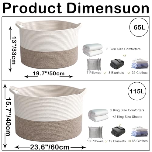 HZFTJOY 65L Large Woven Cotton Rope Blanket Basket with Handles, Laundry Hamper Storage Bin for Pillows, Clothes, Bedroom ...