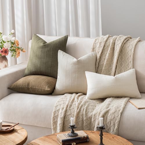 SINYASAN Soft Linen Striped Throw Pillow Covers 18"x18" Set of 2, Olive Green Textured Decorative Pillow Cases for Sofa Be...