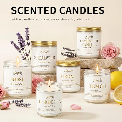 SVECKE Sandalwood Scented Candle 7oz Soy Wax Jar Candle Long Burning Aromatherapy Candle for Home Bedroom Gift for Women M...