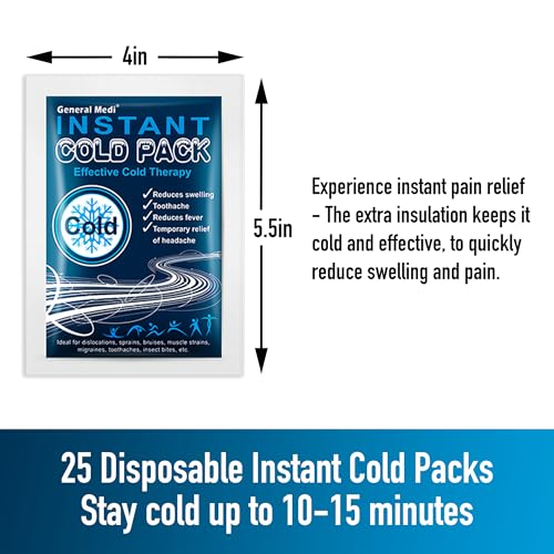 General Medi Instant Ice Cold Pack (4”x 5.5”) – 25 Packs Disposable Cold Therapy Ice Packs for Pain Relief, Swelling, Infl...
