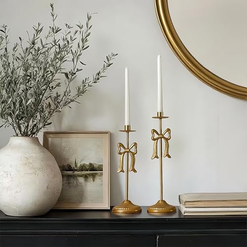 Remenna Bow Taper Candle Holders, Set of 2 Candle Stick Holders Set, Modern Decorative Centerpiece for Table Mantel Weddin...