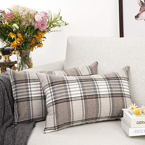 YOUR SMILE Set of 2 Retro Farmhouse Outdoor/Indoor Buffalo Tartan Chequer Stripe Plaid Cotton Linen Decorative Throw Pillo...