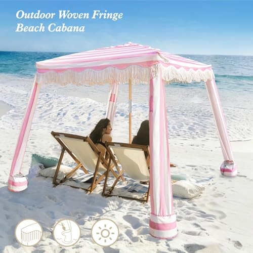 AMMSUN Beach Cabana with Fringe, 6.5' x 6.5' Boho Beach Canopy with Tassels, Easy Set up & Premium Wood Pole, Cabana Tent ...