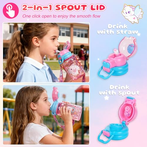 YOYTOO Kids Water Bottle with Pop-Open Straw & Spout 2-in-1 Lid, 20oz Leak-Proof Tritan Plastic BPA-Free Kids Cup with Str...
