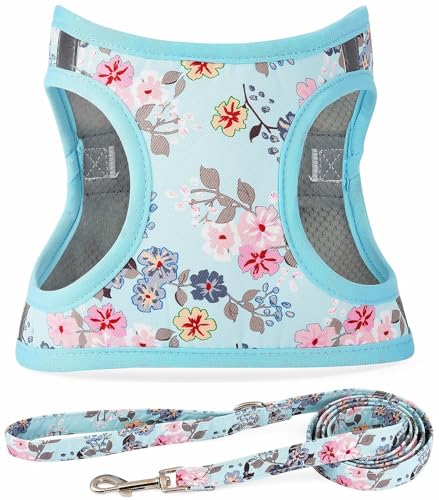 Moonpet Step in Dog Harness Leash Set- All Weather Reflective No-Pull Floral Pattern Padded Mesh Vest Harness for Cats Pup...