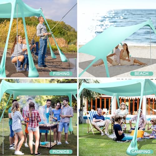 Ahititi Beach Tent Sun Shelter Beach Canopy Tent Sun Shade Pop Up 10x10 UPF50+ with 8 Sandbags-2 Sand Shovel-Portable 4 Al...