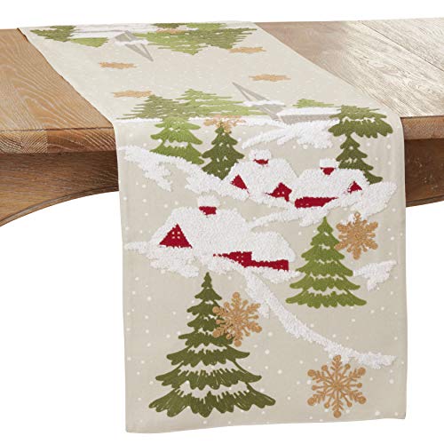 SARO LIFESTYLE Bennett Collection Embroidered Christmas Mountain Table Runner, 16" x 70", Natural