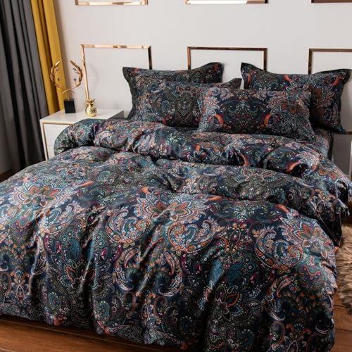 ABREEZE Luxury Vintage Black Duvet Cover Sets Damask Paisley Bedding Set Retro 100% Brushed Cotton Zipper Closure Bedding ...