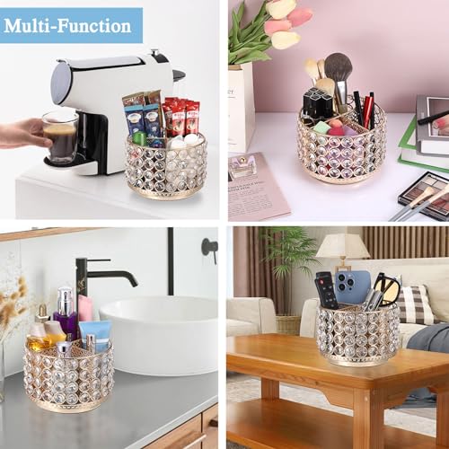 Hipiwe Crystal Vanity Organizer 360 Rotating Makeup Brush Holder Spinning Cosmetic Brushes Display Holder Gold Vanity Stor...
