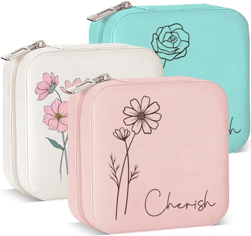 Ships Next Day, Custom Travel Jewelry Box with Name Birth Flower, Birthday Gifts for Women, Bridesmaid Proposal Gifts Pers...