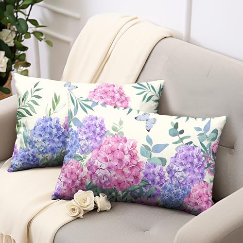 Kwlegh Pink Hydrangea Lumbar Pillow Covers Spring Flowers Outdoor Pillow Covers 12x20 Set of 2 Purple Pink Hydrangea Eucal...