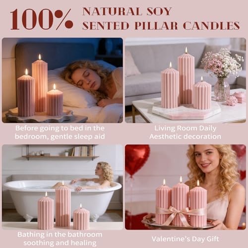 Pink Ribbed Pillar Candle Set of 3 - Wild Bluebell Scented Soy Wax Candle,Aesthetic Decorative Textured Pillar for Home De...