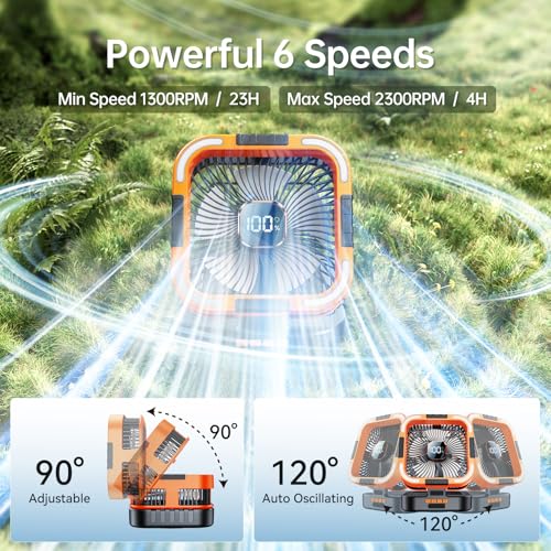 KIMMOO Solar Camping Fan with Light-10000mAh Rechargeable Portable, 6 Speeds, Digital Display, Timer, 120° Oscillation, Co...